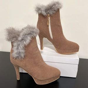JINGPIN Suede and Fur Platform Heeled Booties Size 39